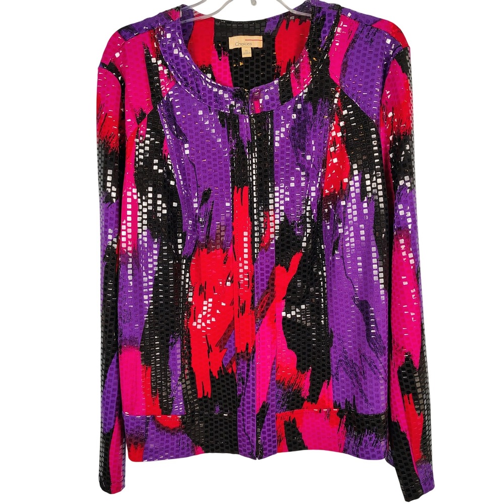 Choices Womens XL Zip Front Jacket Multicolor Abstract Metallic Y2K Disco Core